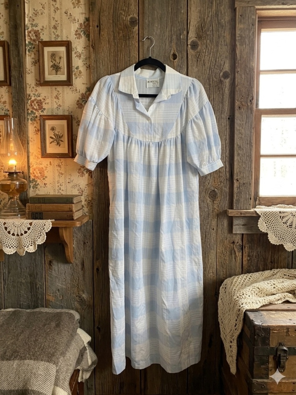 Light Blue and White Gingham Vintage Grandma Core House Dress Nightgown